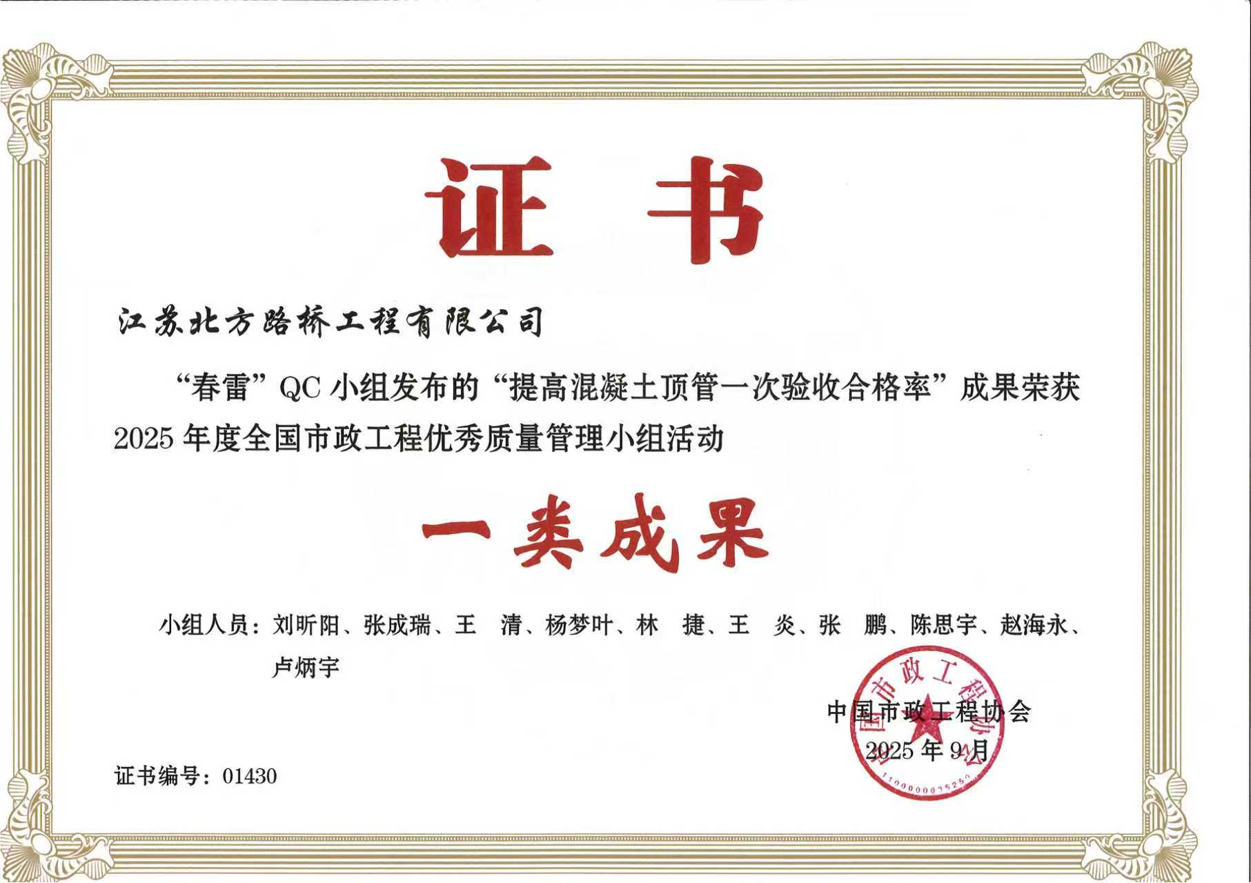 2025年度全国市政工程优秀质量管理小组活动一类成果